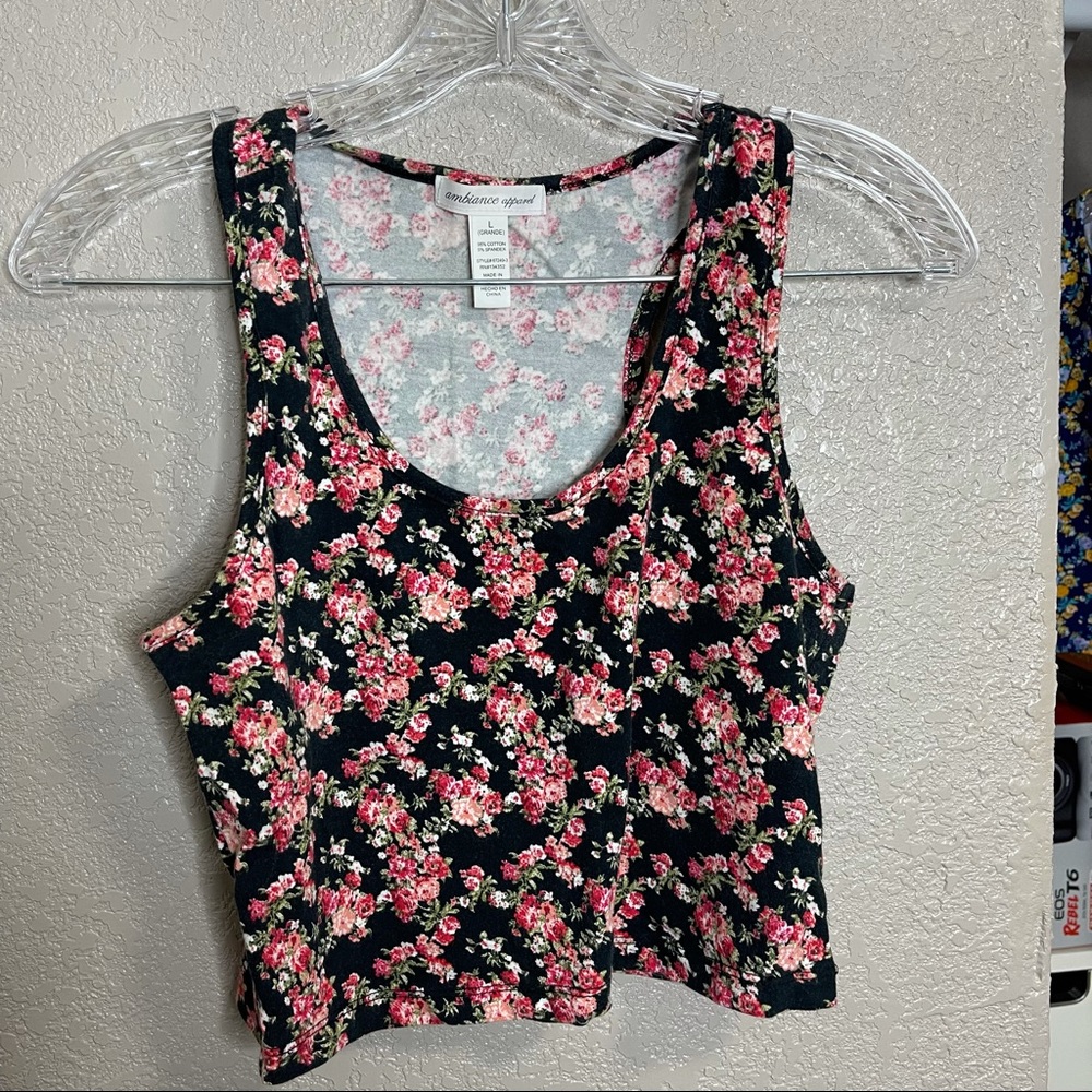 Black Floral Cropped Tank Top